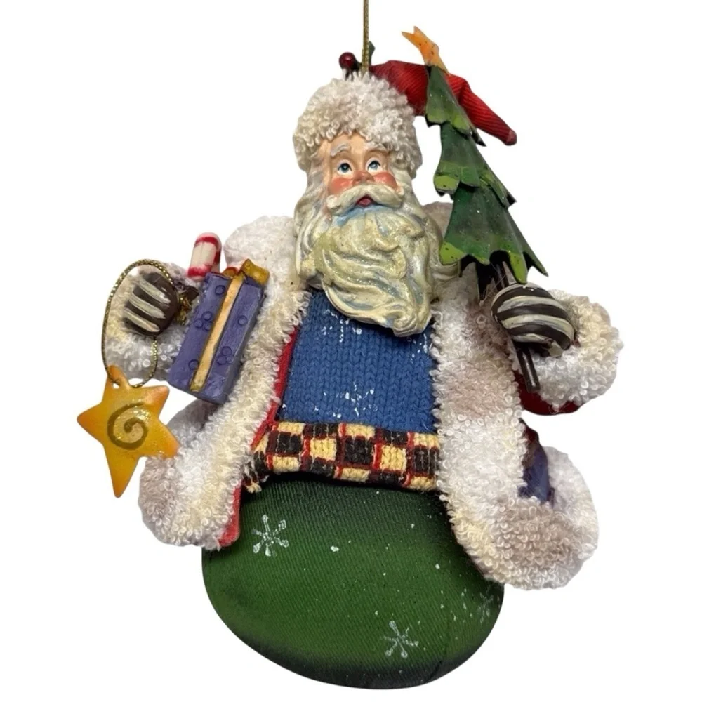 Vintage Santa Claus Holiday-Christmas Ornament Fabric Mache Greeen/Blue EUC